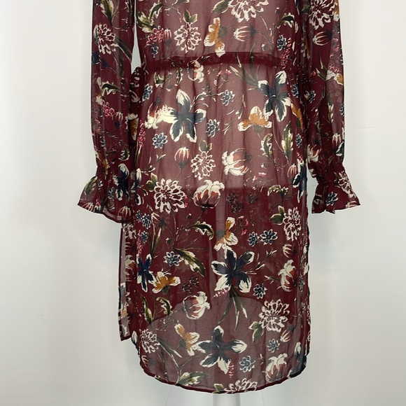 Zara Basic Maroon Floral Semi Sheer Long Cardigan Length Blouse. Size XS - Picture 11 of 16